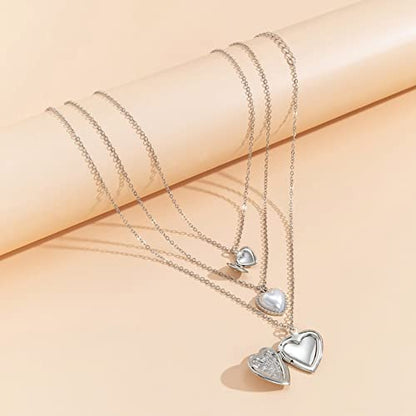 KnBoB 3 Layered Necklaces for Women, Layered Choker Necklaces for Women Adjustable Gold Plated Rolo Chain Necklace with Heart Pendant - color: White Gold