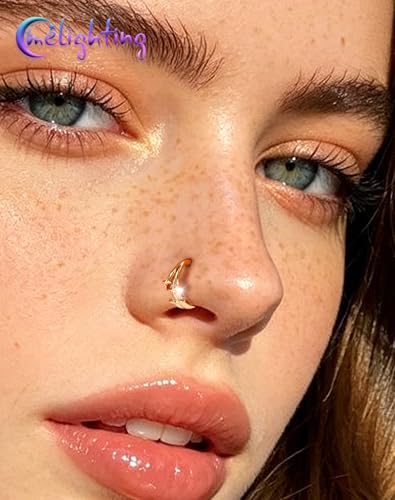 Melighting 20G Gold Nose Ring Hoop Stainless Steel 316L, 8 mm Star Nose Piercing Jewelry Silver Clicker, Beach Party Cartilage Lobe Earring for Daily Wear Women - color: Gold