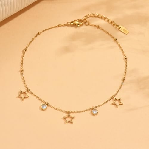 18K Gold Plated Waterproof Summer Beach Ankle Bracelets for Women | Starfish Sea Shell Pearls CZ Diamond Dangle Anklets - style: Star CZ Drop-Gold