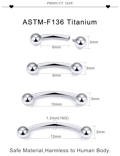 20G 18G 16G 14G 12G 8G 6G 4G 2G Astm F136 Titanium Internal Thread Eyebrow Piercing Jewelry Curved Barbell Vertical Labret Lip Daith Rook Earrings Navel Belly Button Ring Piercing Jewelry - style: 16G, 6mm 8mm 10mm 12mm Length, Ball