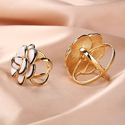 3pcs Fashion Scarf Ring Clip 3 Rings Silk Scarves Clip For Women Shawl Clip Buckle Gold Smooth Scarf Brooches Buckle - color: Camellia Flower