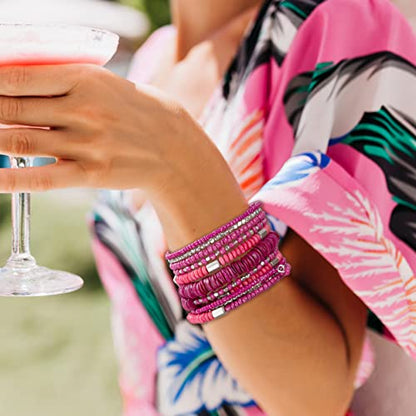 SPUNKYsoul Handmade Bohemian Multi-Color Beaded Coil Bracelet – Comfortable, Adjustable Boho Wrap Cuff That Stacks Easily and Lets You Effortlessly Elevate Any Outfit, Day or Night - style: Pink