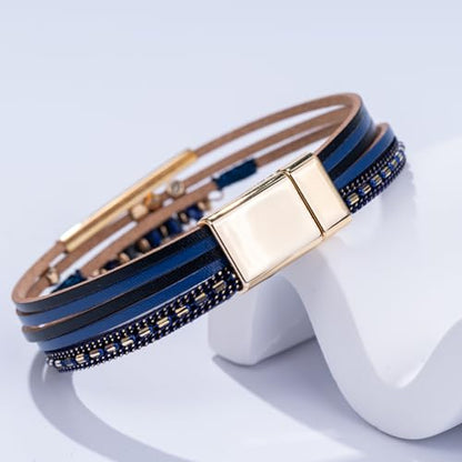 Boho Gemstone Beaded Leather Wrap Bracelets Stackable Chunky Cuff Bracelet Western Jewelry Cowboy Chic Country Concert Outfits for Women - color: Navy Blue