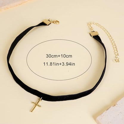 Qceasiy Gothic Black Necklace for Women, Adjustable Victorian Velvet Lace Collar, Halloween Party Cosplay Jewelry Gift - style: Cross