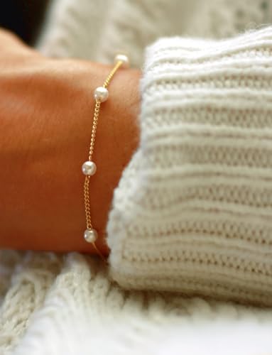 Dainty Bracelet for Women 14K Gold Plated Cross Pearl CZ Leaf Bracelets Set Gold Layering Bracelets Everyday Jewelry - color: 7 pearl-Gold