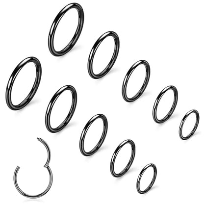 10Pcs Gold Nose Ring Hoop 18G/20G Clicker Nose Hoops Hypoallergenic Stainless Steel Nose Piercings Jewelry Gold Nose Jewelry Septum Helix Cartilage Lip Body Piercings for Women Men 7mm 8mm 9mm 10mm 12mm - color: Black-20G