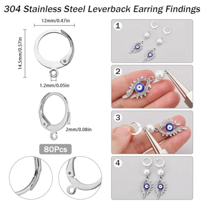SUNNYCLUE 1 Box 80Pcs Huggie Hoops Round Leverback Earring Hooks Stainless Steel Lever Backs Silver Hinged Huggie Hoops with Loops Earwires Leverbacks Ear Wires for Jewelry Making Earrings Findings - color: 80pcs Stainless Steel Round Leverbacks-Silver To