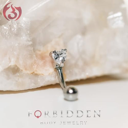 Forbidden Body Jewelry 16g 8mm Surgical Steel 3mm CZ Heart Top Barbell for Daith, Eyebrow and Rook Piercing - color: Red CZ