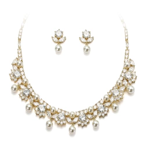 EVER FAITH Wedding Jewelry for Bride, Gorgeous Cubic Zirconia Faux Pearl Elegant Flower Bridal Prom Choker Necklace Stud Earrings Sets for Women - color: Gold Plated