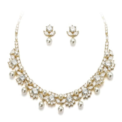 EVER FAITH Wedding Jewelry for Bride, Gorgeous Cubic Zirconia Faux Pearl Elegant Flower Bridal Prom Choker Necklace Stud Earrings Sets for Women - color: Gold Plated