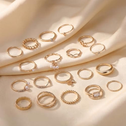 42-Piece Gold Tone Stackable Ring Set for Women, Boho Minimalist Stacking Rings with Crystal & Heart Accents, Adjustable Open Band Jewelry for Daily Wear - style: TZJ-003351-01