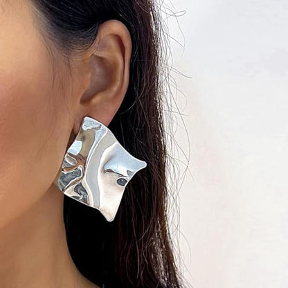REELMAR Chunky Geometric Clip On Earrings for Women Trendy Gold-Plated Thick Hammered Rectangle Dupes Earrings Minimalist Statement Earrings No Piercing Clips - color: Chunky-Gold