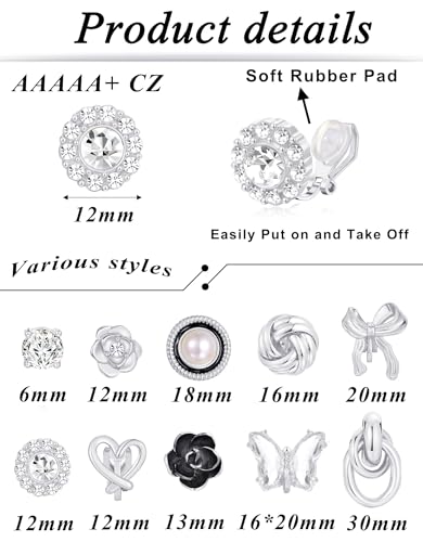 Tornito 10-15 Pairs Clip on Stud Earrings Non Pierced Teardrop Round Square CZ Pearl Twist Knot Flower Butterfly Heart Star Rainbow Cat Opal Clip on Earrings for Women - color: L:10 Pairs Silver Tone