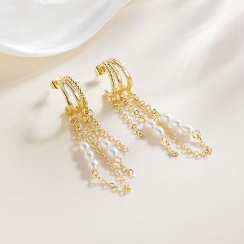 14K Gold Plated Dangle Earrings for Women, Dainty Hoop Huggie Studs, Long Hanging Tassel Chain Multi Pierced Ear Stacking Jewelry Gifts - color: Pearl Dangle-Gold
