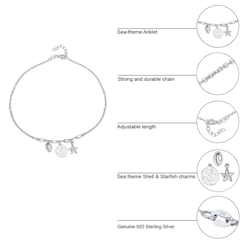 Vanbelle Sterling Silver Jewelry - Rhodium Plated with 925 Stamp - Sea Theme Dangling charm Anklet - Stylish Beautifully Designed for Women - 9" long + 1" extender