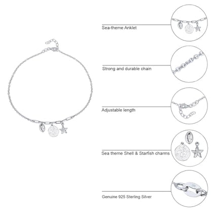 Vanbelle Sterling Silver Jewelry - Rhodium Plated with 925 Stamp - Sea Theme Dangling charm Anklet - Stylish Beautifully Designed for Women - 9" long + 1" extender