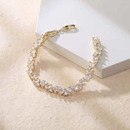 Crysdue Marquise Teardrop Cubic Zirconia Wedding Bridal & Prom Tennis Bracelets for Brides Bridesmaids, Silver/Gold/Rose Gold Plated Bracelet Gifts for Women - style: G_Teardrop, Gold