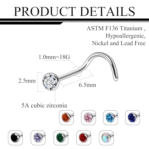Ruifan ASTM F136 Titanium Nose Rings 18G 20G 22G Jeweled Mix Color Cubic Zirconia Nose Studs Ring Screw L-Shaped Bone Hypoallergenic Body Piercing Jewelry for Women 1.5mm 2mm 2.5mm 3mm 10PCS - style: Screw:18G(1.0mm)-2.5mm CZ