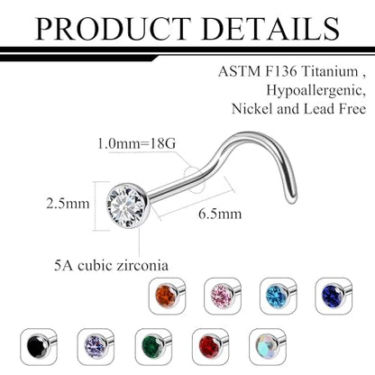 Ruifan ASTM F136 Titanium Nose Rings 18G 20G 22G Jeweled Mix Color Cubic Zirconia Nose Studs Ring Screw L-Shaped Bone Hypoallergenic Body Piercing Jewelry for Women 1.5mm 2mm 2.5mm 3mm 10PCS - style: Screw:18G(1.0mm)-2.5mm CZ