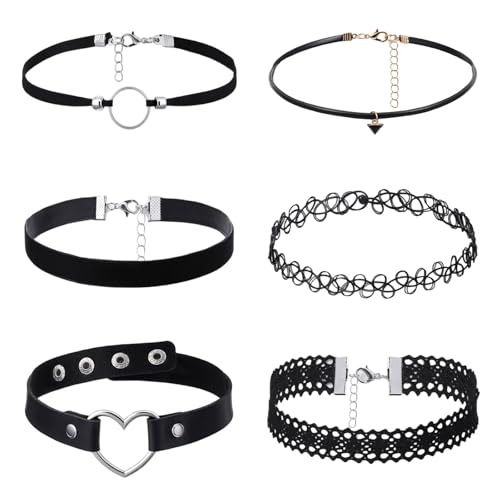 6 Pcs Choker Necklace for Women, Black Gothic Emo Choker Necklace for Women, Leather Stretchy Lace Chokers, Punk Emo Gothic Jewelry, Perfect for Daily Wear, Black