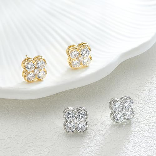 Clover Necklace and Stud Earrings Jewelry Set 14K Gold Plated Dainty Four Leaf Lucky Choker Charm Necklace Clover S925 Sterling Silver Stud with Gift Box Birthday Gifts for Women ﻿ - color: Silver