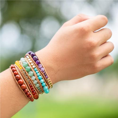 YGLINE Natural Stone Wrap Bracelet for Women Boho Bracelets Healing Crystal Beaded Bracelet Adjustable 3/5 Wraps Bracelet Handmade Birthday Gifts for Women - color: chakra beads