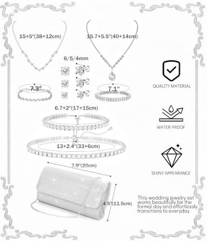 RIOSO Silver Clutch Purse Prom Wedding Jewelry Sets for Women Rhinestone Clutch Silver Necklace and Earring Bracelet Accessories Set for Wedding Formal Bridal Bridesmaid Evening Prom Jewelry