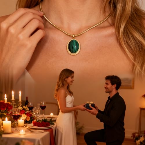 Sonateomber Gold Stone Pendant Necklace for Women, Chunky Statement Dainty Heart Oval Natural Gemstone Dangle Necklaces Wedding Prom Accessories Fashion Jewelry Gift - color: Green Malachite