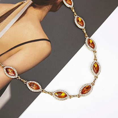 ILuvatar Green Glass Diamond Chain Belt - Metal Women's Western Style Dress Belt - color: Gold-orange