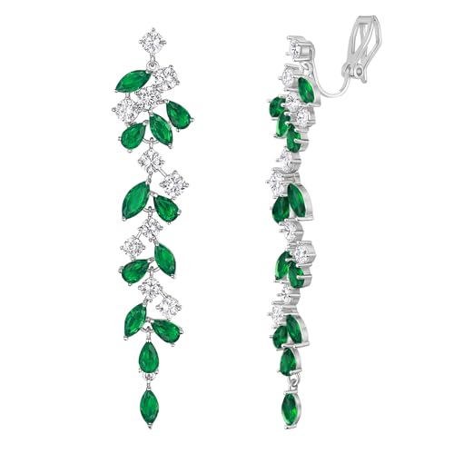 EVER FAITH Gorgeous Wedding Prom Jewelry Round Marquise Cubic Zirconia Teardrop Crystal Chandelier Bridal Dangle Clip on Earrings for Women Brides - color: Green Silver-Tone
