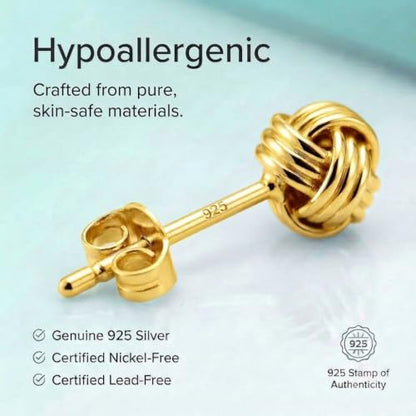 Solid 925 Sterling Silver 5mm Love Knot Stud Earrings | Gold Plated Classic Love Knot Twist | Hypoallergenic | Secure Friction Back Closure | High Polished Stud Earrings - color: Yellow Gold