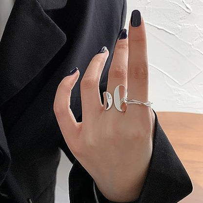 925 Sterling Silver Wide Band Ring Simple Handmade Hammered Chunky Statement Rings Adjustable Boho Thumb Ring for Women Men - color: Pattern 3
