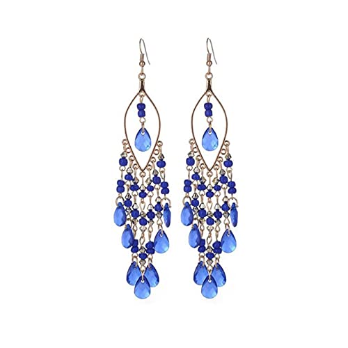 Essencedelight Crystal Beaded Tassel Earring Long Beaded Dangle Earring Fringe Hook Earring for Women Bridal Wedding - color: blue