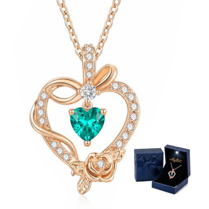 Heart Birthstone Necklace, LED Gift Box | Heart birthstone necklace with rose CZ pendant and LED gift box, ready-to-gift birthday gift for mom, wife, grandma, sister - color: Rose Gold 12-Dec Sky Blue