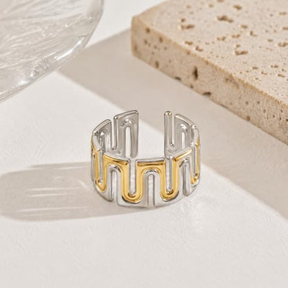 Gold Open Ring Stainless Steel Geometric Wide Band Adjustable Statement Ring for Women Daily Party Jewelry - color: B0104-Silver