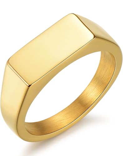 Stainless Steel Signet Ring - 316L Mens Finger Ring for Men Women - Rhodium Plated Cool Band Ring Jewelry for Father Husband Son Friend - color: Cushion-Gold Plated, size: 10