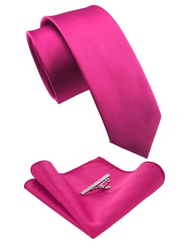 JEMYGINS 2.4" Solid Color Skinny Tie and Pocket Square with Tie Clip Sets for Men (6cm) - color: Hot Pink