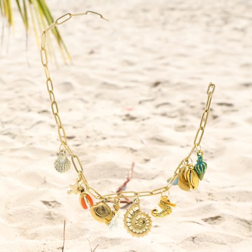 JNF Cute Shell Conch Boho Charm Necklace for Women Sun Moon Star Coin Heart Flower Boot Bow Charms Necklaces Summer Beach Jewelry - color: beach shell Charm necklace
