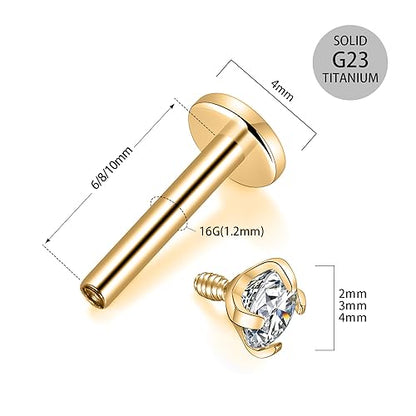 GAGABODY G23 Titanium 16G 6/8/10mm Clear CZ/Opal Internally Threaded Labret Monroe Lip Studs 6mm Helix Cartilage Tragus Earring Piercing - color: 16G-3Pcs-Gold-Length:10mm CZ:2/3/4mm