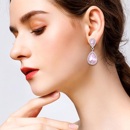 EVER FAITH Women's Austrian Crystal Wedding Tear Drop Dangle Earrings | Bridal Prom Jewelry for Bride Bridesmaid - color: Pink Silver-Plated-Base