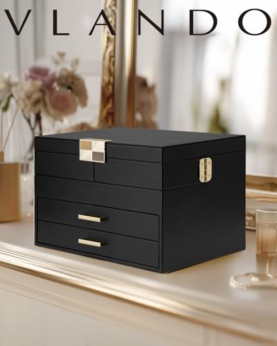 VLANDO Jewelry Box,4-Layer Design with Retractable Tray and 2 Drawers, Black - color: E.Black, size: 4-Layer