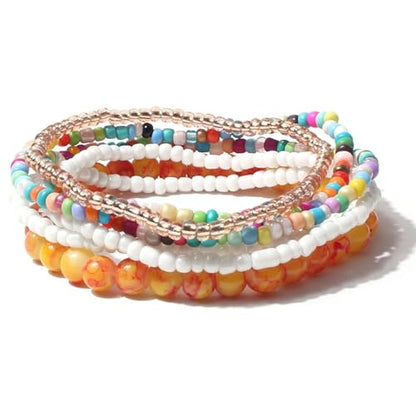 Bohemian Colorful Crystal Glass Beads Seed Beaded Bracelet Handmade Adjustable Stackable Elastic Strand Bangle for Women Summer Beach Hawaii Boho Wristbands Jewelry - color: orange