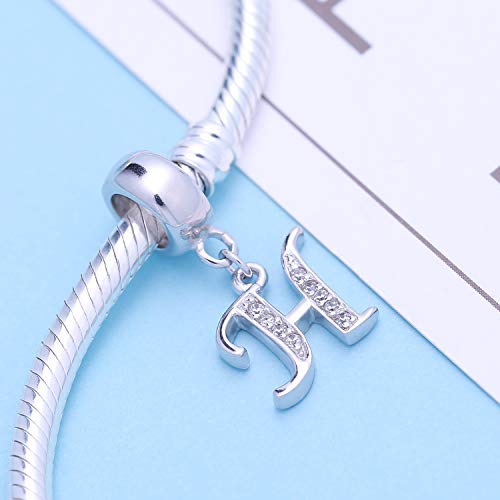 925 Sterling Silver Letter Charms Fits Pandora Bracelets, Gift for Women | A-Z Alphabet Initial Charm with CZ,Great gift for Christmas, Valentine's Day, Mother's Day. - color: H