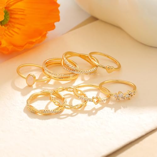 RLMOON 8PCS Gold Silver Rings for Women Non Tarnish Stackable Ring Set | 14K Gold Plated Dainty CZ Simulated Diamond Ring Eternity Wedding Band Gold Stacking Thumb Rings Size 4-12 - color: Gold Rings