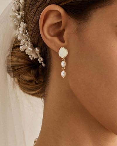 Pearl Earrings - 14K Gold/White Gold/Rose Gold Plated Cubic Zirconia CZ Diaomond Accented Pearl Drop Dangle Earrings for Women Wedding Bridal Prom - color: Gold Mother of Pearl