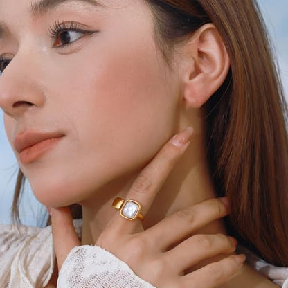 Baroque Pearl Ring for Women Gold-Tone Plated Adjustable Open Band Geometric Statement Jewelry for Middle Thumb Finger Adjustable Stainless Steel Comfort Fit Dainty Valentine's Anniversary