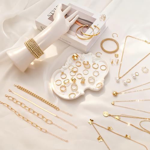 54 Pcs Gold Jewelry Set for Women Multi Layered Necklace Knuckle Rings Stackable Bracelets Dainty Ear Clips Fashion Jewelry set Anniversary Birthday Valentine Gifts for Women Girls