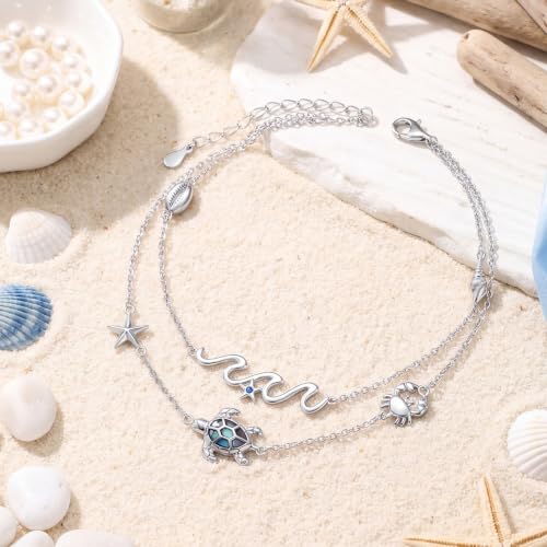 FLYOW Sea Turtle Wave Cowrie Shell Layered Anklet Bracelet Sterling Silver | Adjustable 9-11 Inch Natural Abalone Shell Starfish Crab Boho Beach Summer Jewelry, Birthday Holidays Gifts for Women
