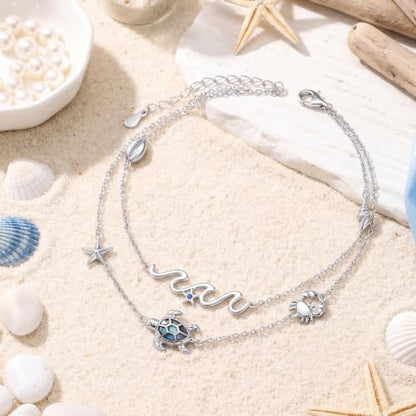 FLYOW Sea Turtle Wave Cowrie Shell Layered Anklet Bracelet Sterling Silver | Adjustable 9-11 Inch Natural Abalone Shell Starfish Crab Boho Beach Summer Jewelry, Birthday Holidays Gifts for Women