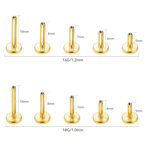 limerencia 16G/18G Hypoallergenic Internal Threaded Titanium Bar Post Replacement,Flat Back Stud Earrings Post Medusa Helix Couch Labret Bar for Women Men Sensitive Ears(A Pair) - color: gold tone, size: 16G-7mm